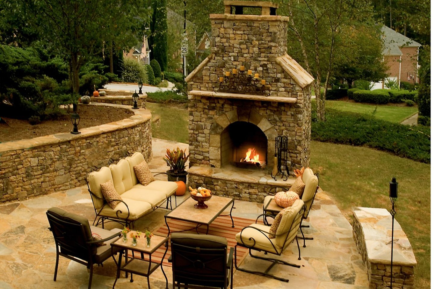 stone patio and fireplace