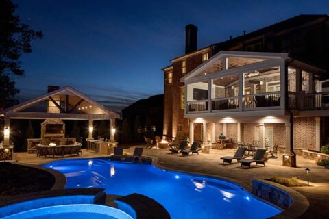 A mansion with a swimming pool